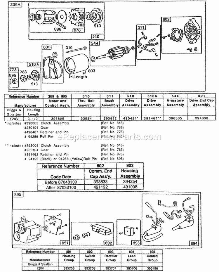 Electric Starter And Starter Diagram and Parts List for  Briggs and Stratton Engine